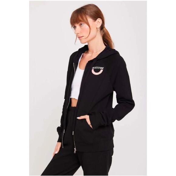 Spiritual Gangster Gratitude Raglan Zip-Up Hoodie Black Women's Medium NWT - Picture 2 of 7